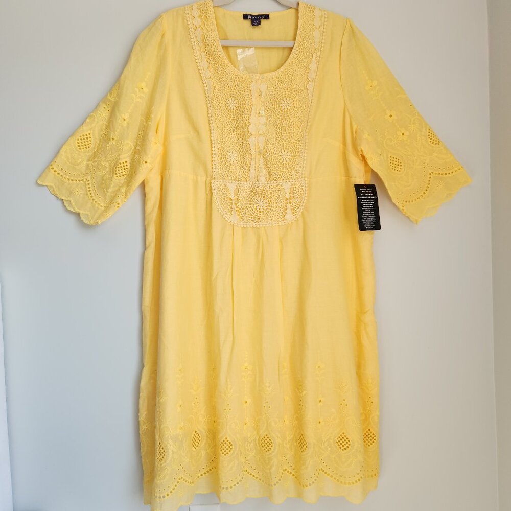 NWT Roaman's 20W Banana Yellow Cotton Lace Popover Midi Dress Eyelet Design